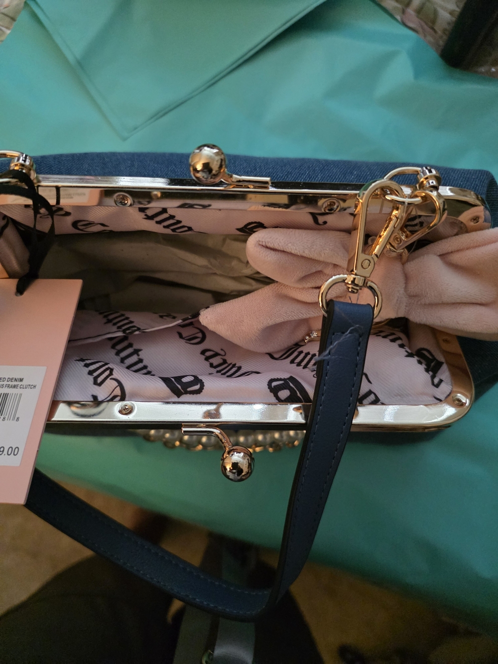 Juicy Couture Elegant Denim Kiss Lock Top Handle Bag with Pink Bow - Picture 6 of 10